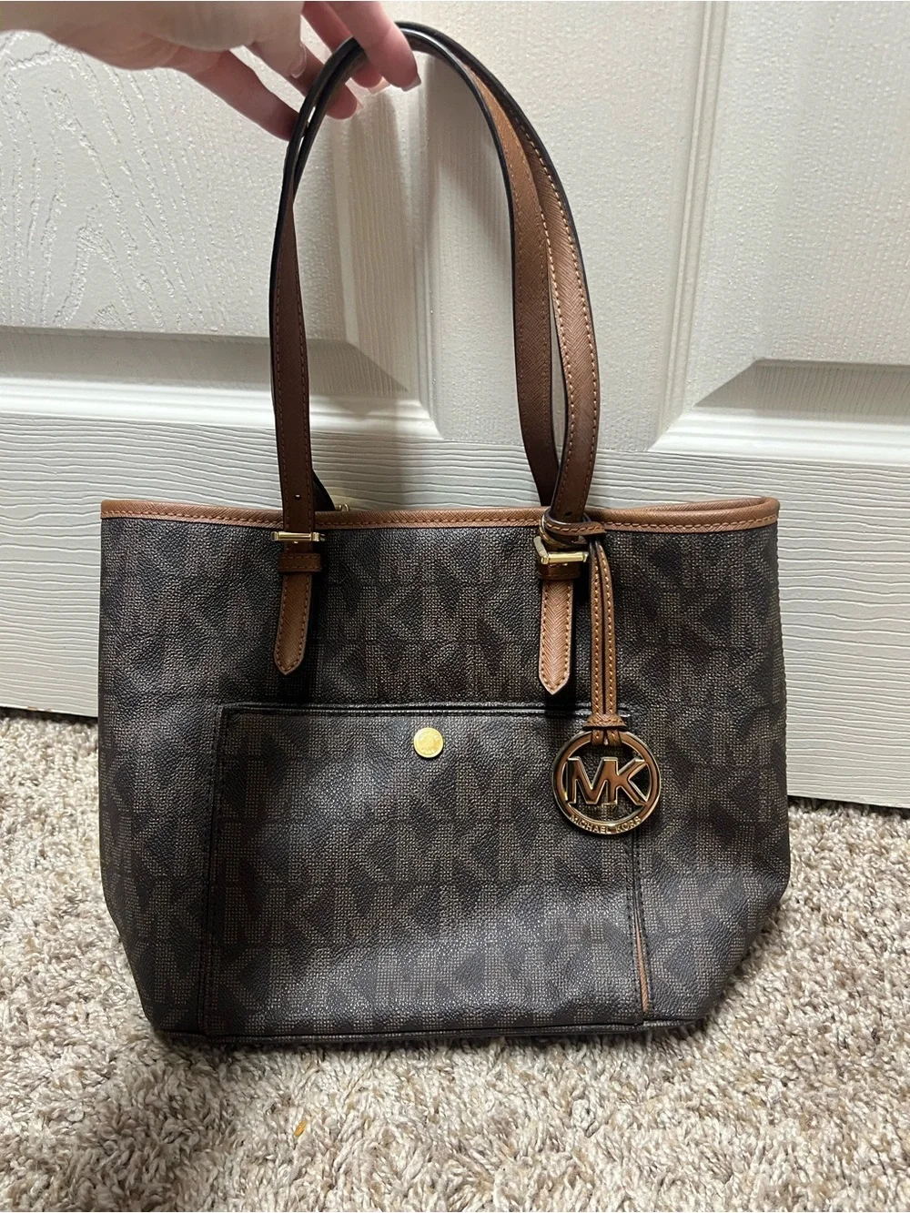Michael Kors Brown MK Logo Tote with Tan Trim